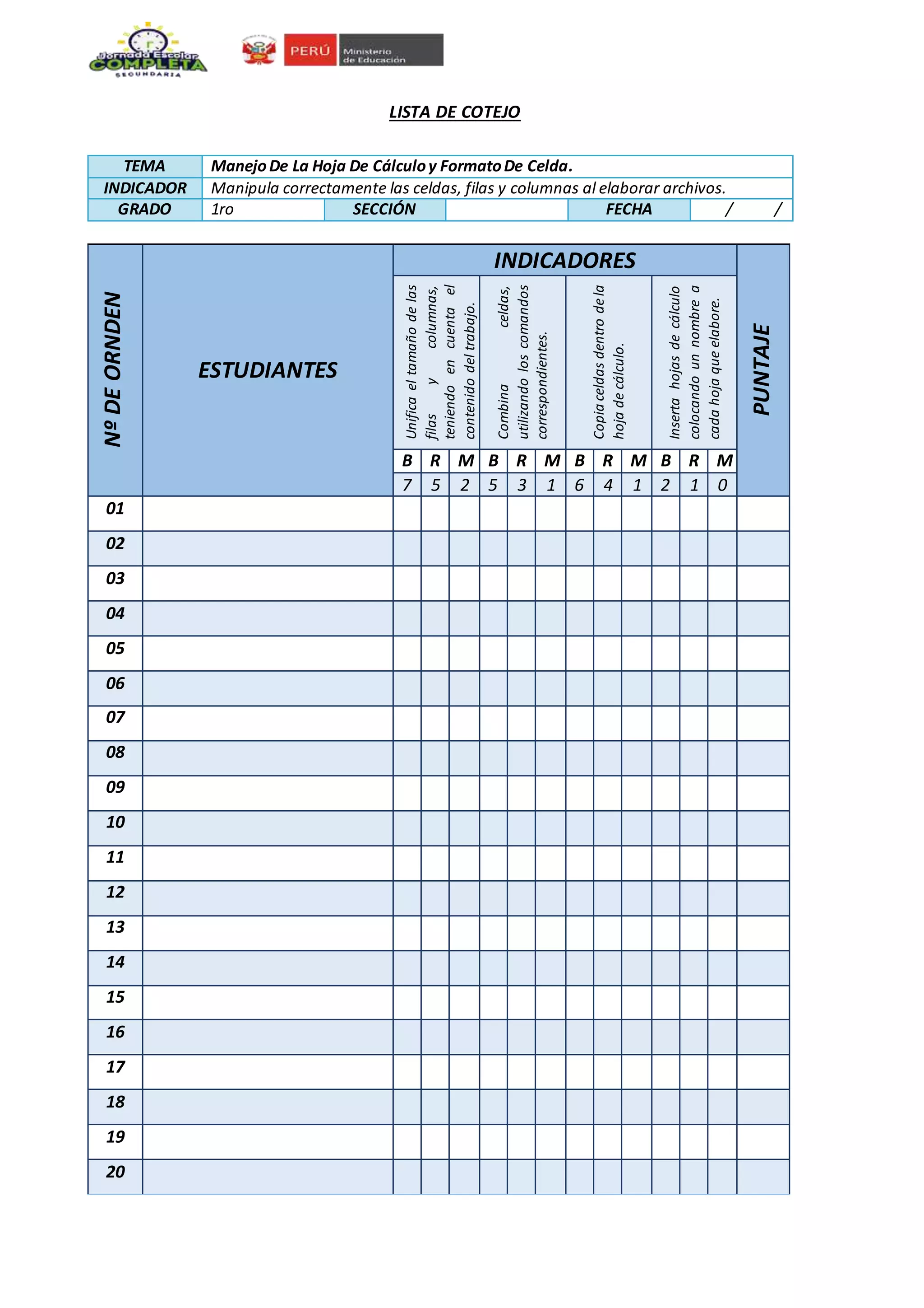 NºDEORNDEN
ESTUDIANTES
INDICADORES
PUNTAJE
Unificaeltamañodelas
filasycolumnas,
teniendoencuentael
contenidodeltrabajo.
Combinaceldas,
utilizandoloscomandos
correspondientes.
Copiaceldasdentrodela
hojadecálculo.
Insertahojasdecálculo
colocandounnombrea
cadahojaqueelabore.
B R M B R M B R M B R M
7 5 2 5 3 1 6 4 1 2 1 0
01
02
03
04
05
06
07
08
09
10
11
12
13
14
15
16
17
18
19
20
TEMA ManejoDe La Hoja De Cálculoy FormatoDe Celda.
INDICADOR Manipula correctamente las celdas, filas y columnas al elaborar archivos.
GRADO 1ro SECCIÓN FECHA / /
LISTA DE COTEJO
 
