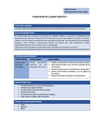 PLANIFICACIÓN DE LA UNIDAD DIDÁCTICA 1
TÍTULO DELAUNIDAD
UtilizamosMicrosoftWordpara elaborardocumentosadministrativos básicosparaunaempresa.
SITUACIÓNSIGNIFICATIVA
En nuestro país para realizar una gestión de cualquier índole, es necesario la elaboración de
documentos que permitan comunicar la intención de lo que sé que obtener o resolver con dicho
trámite.En ese sentidolosestudiantes de primergrado empleando el procesadorde textoselaboran,
corrigen y dan formato a documentos básicos de gestión que toda organización utiliza,
independientemente de su tamaño y de su complejidad.
¿Qué documentos de gestión puedo desarrollar utilizando el procesador de textos?
¿Qué herramientas del procesadorde texto necesitoaprenderparaelaborardocumentosde gestión?
APRENDIZAJESESPERADOS
COMPETENCIAS CAPACIDADES INDICADORES
Comprensión y
aplicación de
tecnologías
Diseña documentos
haciendo uso del
procesador de textos.
 Emplea correctamentelainterfazdelprocesadordetextos.
 Aplica formato de texto a los caracteres ypárrafos de los
documentos.
 Guarda los documentos correctamente en el dispositivo.
 Inserta correctamente encabezado y píe de página al
documento.
 Inserta numeración y/o viñetas a las diversas listas.
CAMPOSTEMÁTICOS
 Procesadordetextos: inicioy cierredelprograma.
 Interfaz del procesadordetextos.
 Formatoaltexto: formatoal carácter,párrafo.
 Guardardocumentos.
 Formatoaldocumento:encabezadoypie de página.
 Listas: listas conviñetas, listas numeradas.
PRODUCTO(S)MÁSIMPORTANTE(S)
 Carta.
 Solicitud.
 Oficio.
Grado:Primero.
Área:EducaciónParael Trabajo
 