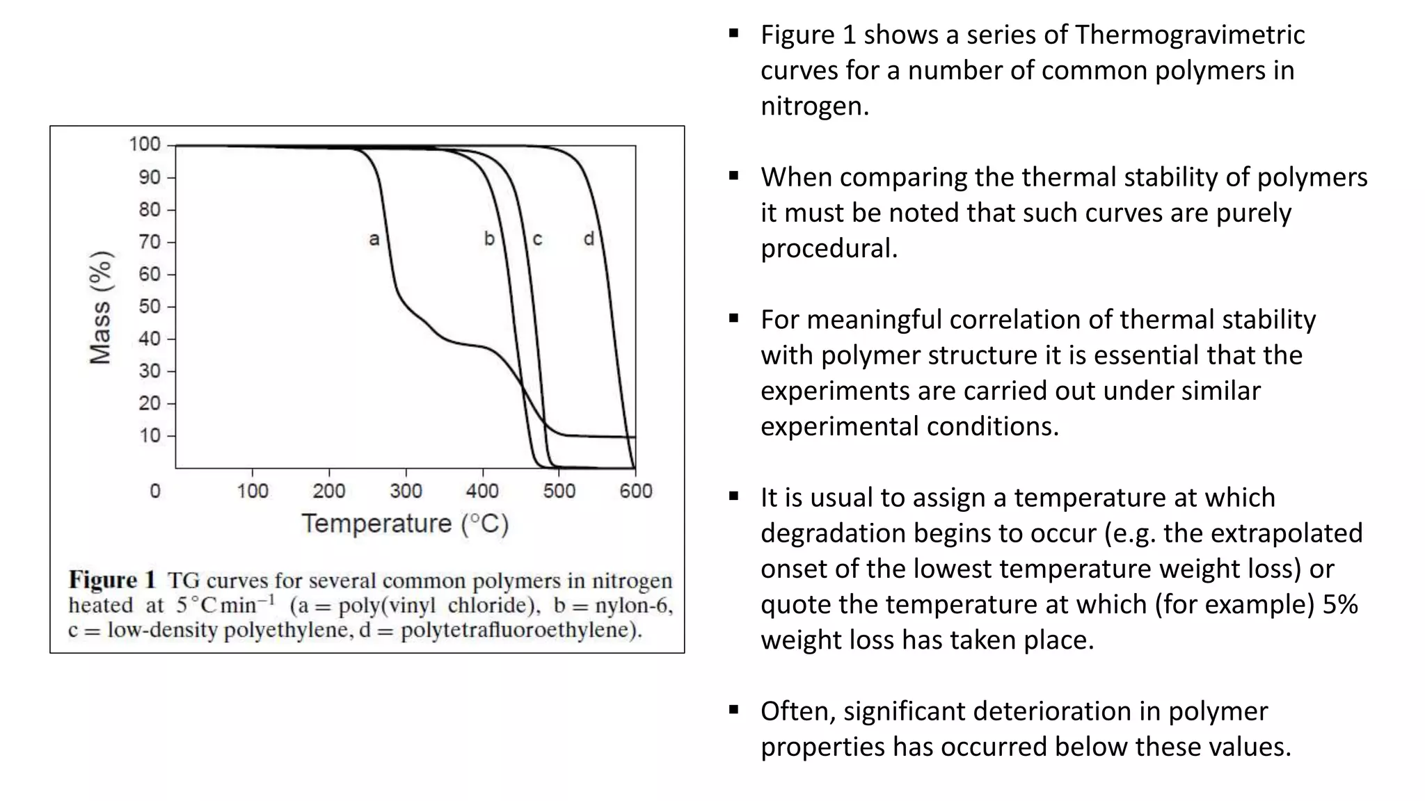  Figure 1 shows a series of Thermogravimetric
curves for a number of common polymers in
nitrogen.
 When comparing the thermal stability of polymers
it must be noted that such curves are purely
procedural.
 For meaningful correlation of thermal stability
with polymer structure it is essential that the
experiments are carried out under similar
experimental conditions.
 It is usual to assign a temperature at which
degradation begins to occur (e.g. the extrapolated
onset of the lowest temperature weight loss) or
quote the temperature at which (for example) 5%
weight loss has taken place.
 Often, significant deterioration in polymer
properties has occurred below these values.
 