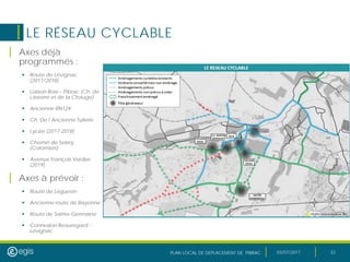 PLAN LOCAL DE DEPLACEMENT DE PIBRAC 03/07/2017 33
LE RÉSEAU CYCLABLE
| Axes déjà
programmés :
 Route de Lévignac
(2017/2018)
 Liaison Brax – Pibrac (Ch. de
Lasserre et de la Chauge)
 Ancienne RN124
 Ch. De l’Ancienne Tuilerie
 Lycée (2017-2018)
 Chemin de Selery
(Colomiers)
 Avenue François Verdier
(2019)
| Axes à prévoir :
 Route de Léguevin
 Ancienne route de Bayonne
 Route de Sainte-Germaine
 Connexion Beauregard -
Lévignac
 