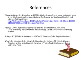 References
Edwards-Groves, C., & Langley, M. (2009). iKindy: Responding to home technoliteracies
in the Kindergarten classroom. National Conference for Teachers of English and
Literacy. Retrieved from:
http://bilby.unilinc.edu.au:1801/webclient/StreamGate?folder_id=0&dvs=138559
9123636~858&usePid1=true&usePid2=true
Healy, J. (2008). Cybertots: Technology and the preschool child. In A. Pelo
(Ed.), Rethinking early childhood education (pp. 75-83). Milwaukee: Rethinking
Schools.
Stringer, E.T. (2014). Action Research (4th ed.). Thousand Oaks: Sage Publications.
Winch, G., Johnston, R. R., March, P., Ljungdahl, L., Holliday, M. (2010). Literacy:
Reading, writing and children’s literature (4th ed.). South Melbourne: Oxford
University Press.

 