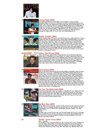 38   Closing Night (2004)
     Also Sprach Zarathustra; See See Rider; I Got A Woman / Amen; Love Me;
     Steamroller Blues; You Gave Me A Mountain; Trouble; Long Tall Sally/Whole Lotta
     Shakin’ Goin’ On /Your Mamma Don’t Dance/Flip, Flop And Fly/Hound Dog; Love Me
     Tender; Fever; What Now My Love; Suspicious Minds/ Bridge Over Troubled Water;
     Bridge Over Troubled Water; Suspicious Minds; Introductions; My Boy; I Can’t Stop
     Loving You; An American Trilogy; A Big Hunk O’ Love; The First Time Ever I Saw
     Your Face; Mystery Train/Tiger Man; How Great Thou Art; Help Me Make It
     Through The Night; Softly As I Leave You; Can’t Help Falling In Love



39   Double Trouble (2004)
     Double Trouble; Baby, If You’ll Give Me All Of Your Love; Could I Fall In Love; Long
     Legged Girl (With The Short Dress On); City By Night; Old MacDonald; I Love Only
     One Girl; There Is So Much World To See; It Won’t Be Long; Never Ending; Blue
     River; What Now, What Next, Where To; Double Trouble (Take 1); Baby, If You’ll
     Give Me All Of Your Love (Take 2); I Love Only One Girl (Take 1); It Won’t Be Long
     (Takes 1 & 2); Long Legged Girl (2nd Version Takes 1 & 2); Could I Fall In Love (Take
     6 Undubbed Master); There Is So Much World To See (Take 10); Long Legged Girl
     (1st Version Take 6); City By Night (Take 10); It Won’t Be Long (Take 5); Double
     Trouble (Takes 2,3); Baby, If You’ll Give Me All Of Your Love (Takes 3 & 4); Could I
     Fall In Love (Harmony, Take 1)

40   Follow That Dream (2004)
     Follow That Dream; Angel; What A Wonderful Life; I’m Not The Marrying Kind;
     Sound Advice A Whistling Tune; Angel (Takes 1,2); Follow That Dream (Takes 1,2);
     What A Wonderful Life (Takes 2,1); A Whistling Tune (Takes 2,3); Angel (Take 4); I’m
     Not The Marrying Kind (Takes 2,3,4,6); Follow That Dream (Take 3); Sound Advice
     (Take 1); Angel (Take 5); What A Wonderful Life (Takes 3,4,5,6); Angel (Take 6);
     Follow That Dream (Take 4); Angel (Take 7); Angel (Vocal Overdubs); A Whistling
     Tune (Take 4 Stereo Master Without Overdub); On Top Of Old Smokey




41   Kid Galahad (2004)
     King Of The Whole Wide World; This Is Living; Riding The Rainbow; Home Is Where
     The Heart Is; I Got Lucky; A Whistling Tune; King Of The Whole Wide World (1st
     Version Takes 1,2); Home Is Where The Heart Is (Takes 13,14); Riding The Rainbow
     (1st version Take 1); I Got Lucky (1st version Alternate Master Take 6); King Of The
     Whole Wide World (1st version Takes 7,8); This Is Living (Take 2); Home Is Where
     The Heart Is (Takes 1,2,3,6,7); King Of The Whole Wide World (1st Version Take 13);
     A Whistling Tune (Take 2); King Of The Whole Wide World (1st Version Takes
     14,15,16,17,20,21,25); I Got Lucky (1st Version Take 1); Home Is Where The Heart Is
     (Take 10); King Of The Whole Wide World (1st Version Take 31); Riding The Rainbow
     (1st Version Take 7); King Of The Whole Wide World (2nd Version Takes 1,2,3); King
     Of The Whole Wide World; This Is Living; Riding The Rainbow; Home Is Where The
     Heart Is; I Got Lucky; A Whistling Tune

42   On Tour The Rehearsals (2004)
     Proud Mary; Polk Salad Annie; See See Rider; A Big Hunk O’ Love; Johnny B. Goode;
     Young And Beautiful; Love Me; Hound Dog; Lawdy Miss Clawdy; For The Good
     Times; El Paso; Funny How Time Slips Away; Help Me Make It Through The Night;
     Release Me; Burning Love; Always On My Mind; The First Time Ever I Saw Your
     Face; Never Been To Spain; Separate Ways




43   Big Boss Man (2005)
     See See Rider; I Got A Woman – Amen; Love Me; If You Love Me; And I Love You So;
     Big Boss Man; It’s Midnight; Promised Land; Burning Love; Introductions; My Boy;
     I’ll Remember You; Let Me Be There; Hound Dog; American Trilogy; Can’t Help
     Falling In Love
     Extras:
     You Don’t Have To Say You Love Me (3-31-75); The Wonder Of You (3-31-75); Bridge
     Over Troubled Water (3-31-75); Little Darlin’ (3-31-75); Hawaiian Wedding Song (3-
     31-75); Green Green Grass Of Home (Undated); Fairytale (Undated); You’re The
     Reason I’m Living (Undated)

44   Rockin' Across Texas (2005)
     Disc 1 - Amarillo
     See See Rider; I Got A Woman/Amen; Love Me; Trying To Get To You; All Shook Up;
     Love Me Tender; Hound Dog; Fever; Polk Salad Annie; Why Me Lord; Suspicious
     Minds; Introductions; I Can’t Stop Loving You; Help Me; An American Trilogy; Let
     Me Be There; Heartbreak Hotel; Funny How Time Slips Away; Big Boss Man; Can’t
 