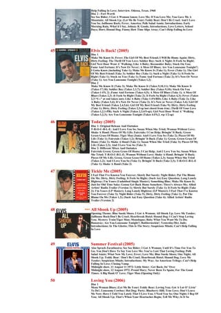 Help Falling In Love; Interview. Odessa, Texas. 1960
     Disc 2 - Fort Worth
     See See Rider; I Got A Woman/Amen; Love Me; If You Love Me; You Gave Me A
     Mountain; All Shook Up; (Let Me Be Your) Teddy Bear; Don’t Be Cruel; And I Love
     You So; Jailhouse Rock; Fever; America; Polk Salad Annie; Introductions; Early
     Morning Rain, What’d I Say, Johnny B. Goode, Introductions, Love Letters, School
     Days; Hurt; Hound Dog; Funny How Time Slips Away; Can’t Help Falling In Love




45   Elvis Is Back! (2005)
     Disc 1
     Make Me Know It; Fever; The Girl Of My Best Friend; I Will Be Home Again; Dirty,
     Dirty Feeling; The Thrill Of You Love; Soldier Boy; Such A Night; It Feels So Right;
     Girl Next Door Went A’ Walking; Like A Baby; Reconsider Baby; Stuck On You;
     Fame And Fortune; It’s Now Or Never; A Mess Of Blues; Are You Lonesome Tonight?;
     I Gotta Know (including Take 1); Make Me Know It (Take 1); Fever (Take 1); The Girl
     Of My Best Friend (Take 3); Soldier Boy (Take 1); Such a Night (Take 1); It Feels So
     Right (Take 1); Stuck on You (Take 1); Fame And Fortune (Take 2); It’s Now Or Never
     (Take 1); Are You Lonesome Tonight (Takes 1,2)
     Disc 2
     Make Me Know It (Take 3); Make Me Know It (Takes 9,10,11); Make Me Know It
     (Takes 17,18); Soldier Boy (Takes 2,3,7); Soldier Boy (Takes 9,10); Stuck On You
     (Takes 1-FS, 2) ;Fame And Fortune (Takes 4,5); A Mess Of Blues (Take 1); A Mess Of
     Blues (Takes 2,3) ;It Feels So Right (Take 2); It Feels So Right (Takes 4,3); Fever (Takes
     2,3-“f---” at end taken out); Like A Baby (Take 1-FS/BD); Like A Baby (Take 2); Like
     A Baby (Takes 3,4); It’s Now Or Never (Take 2); It’s Now or Never (Takes 3,4); Girl Of
     My Best Friend (Takes 2,4,5,6); Girl Of My Best Friend (Take 9); Dirty, Dirty Feeling
     (Take 1); Dirty, Dirty Feeling (Takes 2,3-sp last chord from 4/m) ;Thrill Of Your Love
     (Takes 1,2,1-PB); Such A Night (Takes 2,3,4/5-sp); Girl Next Door Went A’ Walking
     (Takes 1,2,3); Are You Lonesome Tonight (Takes 4-FS,3, wp 1/2-sp)

46   Today (2005)
     Disc 1: Original Release And Outtakes
     T-R-O-U-B-L-E; And I Love You So; Susan When She Tried; Woman Without Love;
     Shake A Hand; Pieces Of My Life; Fairytale; I Can Help; Bringin' It Back; Green
     Green Grass Of Home; Tiger Man (Jam); And I Love You So (Take 2); Pieces Of My
     Life (Take 1); Fairytale (Takes 1,2); Bringin' It Back (Take 1); Green, Green Grass Of
     Home (Take 1); Shake A Hand (Take 1); Susan When She Tried (Take 3); Pieces Of My
     Life (Takes 2,3); And I Love You So (Take 3)
     Disc 2: Different Mixes And Outtakes
     Fairytale Green; Green Grass Of Home; I Can Help; And I Love You So; Susan When
     She Tried; T-R-O-U-B-L-E; Woman Without Love; Shake A Hand; Bringin' It Back;
     Pieces Of My Life; Green, Green Grass Of Home (Takes 2,3); Susan When She Tried
     (Takes 1,2); And I Love You So (Take 1); Bringin' It Back (Take 2,3); T-R-O-U-B-L-E
     (Take 1); Shake A Hand (Take 2)

47   Tickle Me (2005)
     I Feel That I've Known You Forever; Slowly But Surely; Night Rider; Put The Blame
     On Me; Dirty, Dirty Feeling; It Feels So Right; (Such An) Easy Question; Long Lonely
     Highway; I'm Yours (Undubbed Single Master); Something Blue; Make Me Know It;
     Just for Old Time Sake; Gonna Get Back Home Somehow; There's Always Me; Allied
     Artists' Radio Trailer (Version 1); Slowly But Surely (Take 1); It Feels So Right (Take
     2); I'm Yours (LP Master); Long Lonely Highway (LP Master); I Feel That I've Known
     You Forever (Take 3); Night Rider (Take 5); Dirty, Dirty Feeling (Take 1); Put The
     Blame On Me (Takes 1,2); (Such An) Easy Question (Take 4); Allied Artists' Radio
     Trailer (Version 2)


48   All Shook Up (2005)
     Opening Theme; Blue Suede Shoes; I Got A Woman; All Shook Up; Love Me Tender;
     Jailhouse Rock/Don't Be Cruel; Heartbreak Hotel; Hound Dog; I Can't Stop Loving
     You; Mystery Train/Tiger Man; Monologue; Baby What You Want Me To Do;
     Runaway; Are You Lonesome Tonight?; Rubberneckin'; Yesterday/Hey Jude;
     Introductions; In The Ghetto; This Is The Story; Suspicious Minds; Can't Help Falling
     In Love




49   Summer Festival (2005)
     Also Sprach Zarathustra; See See Rider; I Got A Woman; Until It's Time For You To
     Go; You Don't Have To Say You Love Me; You've Lost That Loving Feeling; Polk
     Salad Annie; What Now My Love; Fever; Love Me; Blue Suede Shoes; One Night; All
     Shook Up; Teddy Bear / Don't Be Cruel; Heartbreak Hotel; Hound Dog; Love Me
     Tender; Suspicious Minds; Introductions; My Way; An American Trilogy; Can't Help
     Falling In Love; Closing Vamp
     Midnight show, 11 August 11 1972: Little Sister / Get Back; Its’ Over
     Midnight show, 12 August 1972: Proud Mary; Never Been To Spain; For The Good
     Times; A Big Hunk O’ Love; Tiger Man (Opening Only)

50   Loving You (2006)
     Disc 1
     Mean Woman Blues; (Let Me Be Your) Teddy Bear; Loving You; Got A Lot O’ Livin’
     To Do!; Lonesome Cowboy; Hot Dog; Party; Blueberry Hill; True Love; Don’t Leave
     Me Now; Have I Told You Lately That I Love You; I Need You So; One Night; I Beg Of
     You; All Shook Up; That’s When Your Heartaches Begin; Tell Me Why; Is It So
 