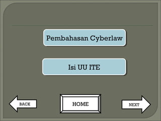 Pembahasan CyberlawPembahasan Cyberlaw
Isi UU ITEIsi UU ITE
NEXTBACK HOME
 