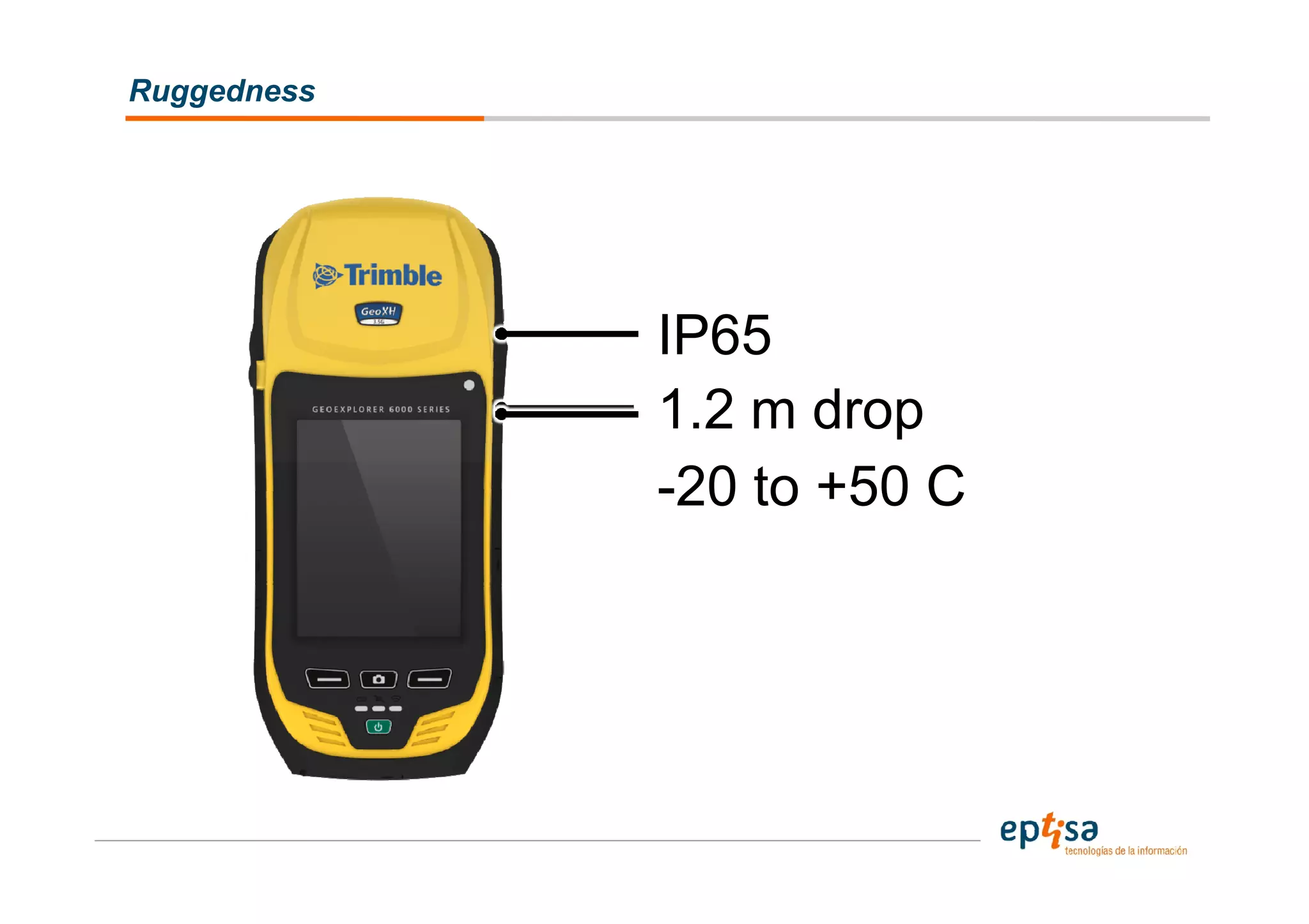 Ruggedness




             IP65
             1.2 m drop
             -20 to +50 C
 
