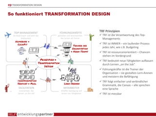 ep TRANSFORMATION DESIGN
So funktioniert TRANSFORMATION DESIGN
TRF Prinzipien
TRF ist die Verantwortung des Top-
Managements
TRF ist IMMER – ein laufender Prozess
jedes Jahr, wie z.B. Budgeting
TRF ist ressourcenorientiert – Chancen
stehen im Vordergrund
TRF bedeutet neue Fähigkeiten aufbauen
durch Lernen „on the Job“
Führungskräfte ist die Trainer der
Organisation – sie gestalten Lern-Arenen
und meistern die Befähigung
TRF folgt einfacher und verbindlicher
Grammatik, die Canvas – alle sprechen
eine Sprache
TRF ist messbar
 