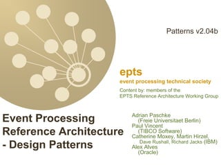 epts
  event processing technical society




                                                          Patterns v2.04b




                                       epts
                                       event processing technical society
                                       Content by: members of the
                                       EPTS Reference Architecture Working Group


                                            Adrian Paschke
Event Processing                              (Freie Universitaet Berlin)
                                            Paul Vincent
Reference Architecture                        (TIBCO Software)
                                            Catherine Moxey, Martin Hirzel,
                                               Dave Rushall, Richard Jacks (IBM)
- Design Patterns                           Alex Alves
                                              (Oracle)
 