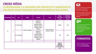 CROSS MÍDIA
A CREDIBILIDADE E A AGILIDADE DOS PORTAIS EPTV GARANTEM AS
MELHORES OPORTUNIDADES PARA ASSOCIAÇÃO DE SUA MARCA.
Líder em audiência na categoria
de notícias, o G1 EPTV é
sinônimo de informação.
Em nossos portais, o leitor tem
acesso aos principais assuntos e
o mais completo noticiário
regional.
Líder absoluto de audiência no
segmento esportes, o
Globoesporte.com oferece a
melhor cobertura jornalística
das mais diversas
modalidades.
FORMATOS
Confira os formatos em nosso
site, ou se preferir, baixe
nosso app EPTV NEGÓCIOS.
Período (dias) Cotas Site Mídia Formato Local
Entrega
Determinada
porcota
Visibilidade
Estimada(%)
porcota
10 4
G1SuldeMinas
MídiadeDivulgação
Maxiboard 1
Maxiboard 2
Retângulo Médio 1
Retângulo Médio 2
Retângulo Superior
Billboard HomeeInternas no
DesktopouMobile
85.000 10%
GE SuldeMinas
Maxiboard 1
Maxiboard 2
Retângulo Médio 1
Retângulo Médio 2
Retângulo Superior
Billboard
700 10%
- - - - - -
TOTALDE
ENTREGA
DETERMINADA -
85.700
 