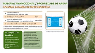 MATERIAL PROMOCIONAL / PROPRIEDADE DE ARENA
APLICAÇÃO DA MARCA DO PATROCINADOR EM:
ATIVAÇÃO DA
MARCA
O patrocinador poderá
desenvolver outras ações
de ativação e de
relacionamento com o
público no evento.
Confira alguns exemplos
ao lado:
Imagem meramente ilustrativa
3
convites eletrônicos
(congresso técnico, abertura, final)
1 backdrop na abertura e final 3x2m
12
faixas ao redor do campo
(abertura, disputa 3º e 4º, semi final e final)
1,85x0,85m
1 aplicação em adesivo no chão da quadra (Final)*
O patrocinador poderá desenvolver outras ações de ativação e de
relacionamento com o público no evento.
•Disponibilidade para
instalação de estande
• Distribuição de brindes
• Panfletagem no local
• Elaboração de promoção
durante o período do evento
Todas de responsabilidade do
patrocinador e mediante
aprovação prévia da organização.
 