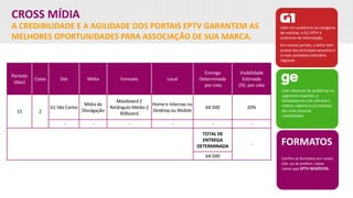 CROSS MÍDIA
A CREDIBILIDADE E A AGILIDADE DOS PORTAIS EPTV GARANTEM AS
MELHORES OPORTUNIDADES PARA ASSOCIAÇÃO DE SUA MARCA.
Líder em audiência na categoria
de notícias, o G1 EPTV é
sinônimo de informação.
Em nossos portais, o leitor tem
acesso aos principais assuntos e
o mais completo noticiário
regional.
Líder absoluto de audiência no
segmento esportes, o
Globoesporte.com oferece a
melhor cobertura jornalística
das mais diversas
modalidades.
FORMATOS
Confira os formatos em nosso
site, ou se preferir, baixe
nosso app EPTV NEGÓCIOS.
Período
(dias)
Cotas Site Mídia Formato Local
Entrega
Determinada
por cota
Visibilidade
Estimada
(%) por cota
15 2
G1 São Carlos
Mídia de
Divulgação
Maxiboard 2
Retângulo Médio 2
Billboard
Home e Internas no
Desktop ou Mobile
64.500 20%
- - - - - -
TOTAL DE
ENTREGA
DETERMINADA -
64.500
 