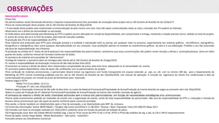 OBSERVAÇÕES
OBSERVAÇÕES GERAIS
•Preço fixo.
•Os patrocinadores atuais (Kometudo Alimentos e Sequóia Empreendimentos) têm prioridade de renovação deste projeto até as 16h (horário de Brasília) do dia 22/dez/17.
•Prazo de comercialização desse projeto: até às 16h (horário de Brasília) do 06/jul/2018.
• A veiculação desse projeto está condicionada à comercialização de pelo menos uma cota. Caso não sejam comercializadas todas as cotas, a duração dos VTs poderá ser alterada.
•Reservamo-nos o direito de exclusividade na veiculação.
•A mídia básica será administrada pelo Marketing da EPTV e poderá ocorrer alteração em virtude da disponibilidade, sem comprometer a entrega, mantendo a relação previsto versus exibido no total do projeto.
O acerto de contas dar-se-á no final do projeto, pelo total de inserções exibidas.
•A produção dos VTs é de responsabilidade da EPTV.
•Esse material será produzido pela EPTV para utilização privada e é proibida a reprodução total ou parcial, por qualquer meio ou processo, especialmente por sistemas gráficos, microfílmicos, reprográficos,
fonográficos e videográficos, bem como qualquer alteração/edição em seu conteúdo. Essas proibições aplicam-se também às características gráficas da obra e à sua editoração. Proibido o uso não autorizado
sob pena de responsabilização dos infratores.
•A produção da vinheta de 5” (texto de até 8 palavras) é de responsabilidade dos patrocinadores. Lembramos que essas caracterizações não podem conter menção a ofertas e promoções/preços, tanto em vídeo
quanto em áudio, conforme manual de Formatos Comerciais da Globo.
•A assinatura do material será precedida de “oferecimento”.
•Entrega do material: a assinatura deve ser entregue pelo cliente até às 16h (horário de Brasília) do 24/ago/2018.
•O evento é responsabilidade da Associação Comercial de São João da Boa Vista (ACE).
•O promotor se reserva o direito de alterar itens relacionados a propriedades de arena, data e/ou local, adequando-os às necessidades do evento.
•O promotor poderá disponibilizar cotas de apoio não conflitantes com os patrocinadores do projeto.
•Para confecção de materiais promocionais, o patrocinador deverá enviar sua logomarca com fundo transparente em arquivo extensão .ai, .eps, ou .cdr, com no mínimo 300 dpi, para o Departamento de
Marketing da EPTV Central (marketing.sca@eptv.com.br), até às 16h (horário de Brasília) do dia 19/julho/2018, com manual de aplicação. A inclusão da logomarca do cliente fica condicionada à data da
comercialização do projeto, em virtude do prazo de fechamento para impressão.
•Valores pagos à EPTV:
•Mídia TV e Cross Mídia: 15 d.f.m.
•Produção VT: até o dia 19/jul/2018.
•Valores pagos à Associação Comercial de São João da Boa Vista: os custos de Material Promocional/Propriedade de Arena/Produção do Evento deverão ser pagos ao promotor até o dia 19/jul/2018.
•Sobre os custos de Produção de VT, Material Promocional/Propriedade de Arena/Produção do Evento não incidirão comissão de agência.
•A emissora se reserva o direito de exibir chamadas adicionais sem a marca dos patrocinadores, em função de necessidades estratégicas e/ou promocionais.
•Outras ações promocionais poderão ser realizadas de acordo com a organização do evento, sendo de total responsabilidade do patrocinador. Não será de responsabilidade da EPTV a colocação e retirada de
banners extras promocionais que não sejam do evento conforme plano comercial acordado.
•Pós-venda: o cliente receberá um relatório/vídeo após o final da veiculação, a ser desenvolvido pelo MKT da emissora.
•(1) Fonte das informações: Kantar IBOPE Media | TGLight| São Carlos (Jun/2016) V.11.08.2016 - Pessoas | Base: População Total (191.000) IPC Maps 2017.
•(2) Previsão com base na simulação realizada em 10/jun/2017, podendo variar em função do período de exibição do plano.
•(3) Programação Local: Bom dia Cidade (BPLO) é exibido (seg. a sex) às 7h10; Jornal da EPTV 1º ed. e 2ª ed. (PTV1 e PTV2) são exibidos de seg. a sab, às 12h e 19h15 respectivamente.
•Fonte de dados: Kantar Ibope Media - Media Workstation – São Carlos - maio/2017.
•Consulte sempre seu Atendimento Comercial.
 