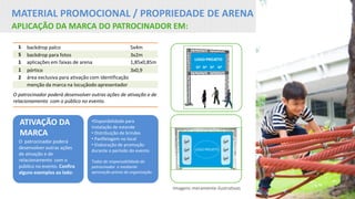 MATERIAL PROMOCIONAL / PROPRIEDADE DE ARENA
APLICAÇÃO DA MARCA DO PATROCINADOR EM:
ATIVAÇÃO DA
MARCA
O patrocinador poderá
desenvolver outras ações
de ativação e de
relacionamento com o
público no evento. Confira
alguns exemplos ao lado:
Imagens meramente ilustrativas
1 backdrop palco 5x4m
5 backdrop para fotos 3x2m
1 aplicações em faixas de arena 1,85x0,85m
1 pórtico 3x0,9
2 área exclusiva para ativação com identificação
menção da marca na locuçãodo apresentador
O patrocinador poderá desenvolver outras ações de ativação e de
relacionamento com o público no evento.
•Disponibilidade para
instalação de estande
• Distribuição de brindes
• Panfletagem no local
• Elaboração de promoção
durante o período do evento
Todas de responsabilidade do
patrocinador e mediante
aprovação prévia da organização.
 