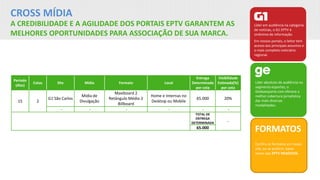 CROSS MÍDIA
A CREDIBILIDADE E A AGILIDADE DOS PORTAIS EPTV GARANTEM AS
MELHORES OPORTUNIDADES PARA ASSOCIAÇÃO DE SUA MARCA.
Líder em audiência na categoria
de notícias, o G1 EPTV é
sinônimo de informação.
Em nossos portais, o leitor tem
acesso aos principais assuntos e
o mais completo noticiário
regional.
Líder absoluto de audiência no
segmento esportes, o
Globoesporte.com oferece a
melhor cobertura jornalística
das mais diversas
modalidades.
FORMATOS
Confira os formatos em nosso
site, ou se preferir, baixe
nosso app EPTV NEGÓCIOS.
Período
(dias)
Cotas Site Mídia Formato Local
Entrega
Determinada
por cota
Visibilidade
Estimada(%)
por cota
15 2
G1 São Carlos
Mídia de
Divulgação
Maxiboard 2
Retângulo Médio 2
Billboard
Home e Internas no
Desktop ou Mobile
65.000 20%
- - - - - -
TOTAL DE
ENTREGA
DETERMINADA -
65.000
 
