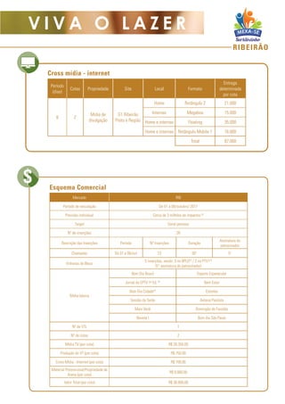 RIBEIRÃO
V I V A O L A Z E R
Período
(dias)
Cotas Propriedade Site Local Formato
Entrega
determinada
por cota
8 2
Mídia de
divulgação
G1 Ribeirão
Preto e Região
Home Retângulo 2 21.000
Internas Megabox 15.000
Home e internas Floating 35.000
Home e internas Retângulo Mobile 1 16.000
Total 87.000
Cross mídia - internet
Esquema Comercial
Mercado RIB
Período de veiculação De 01 a 08/outubro/ 2017
Previsão individual Cerca de 3 milhões de impactos (2)
Target Geral pessoas
Nº de inserções 28
Descrição das Inserções Período Nº Inserções Duração
Assinatura do
patrocinador
Chamadas De 01 a 08/out 23 30" 5"
Vinhetas de Bloco
5 inserções, sendo: 3 no BPLO(3)
/ 2 no PTV1(3)
(5” assinatura do patrocinador)
Mídia básica
Bom Dia Brasil Esporte Espetacular
Jornal da EPTV 1a
Ed. (3)
Bem Estar
Bom Dia Cidade(3)
Estrelas
Sessão da Tarde Antena Paulista
Mais Você Domingão do Faustão
Novela I Bom dia São Paulo
Nº de VTs 1
Nº de cotas 2
Mídia TV (por cota) R$ 26.350,00
Produção do VT (por cota) R$ 750,00
Cross Mídia - Internet (por cota) R$ 700,00
Material Promocional/Propriedade de
Arena (por cota)
R$ 9.000,00
Valor Total (por cota) R$ 36.800,00
 