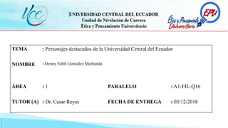 TEMA : Personajes destacados de la Universidad Central del Ecuador
NOMBRE : Denny Edith González Medranda
ÁREA : 1 PARALELO : A1-FIL-Q16
TUTOR (A) : Dr. Cesar Reyes FECHA DE ENTREGA : 03/12/2018
 