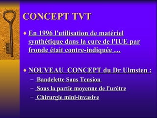 CONCEPT TVT En 1996 l'utilisation de matériel synthétique dans la cure de l'IUE par fronde était contre-indiquée … NOUVEAU  CONCEPT du Dr Ulmsten : Bandelette Sans Tension  Sous la partie moyenne de l'urètre Chirurgie mini-invasive 