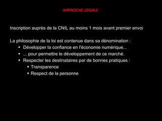 Inscription auprès de la CNIL au moins 1 mois avant premier envoi La philosophie de la loi est contenue dans sa dénomination : Développer la confiance en l'économie numérique... ... pour permettre le développement de ce marché. Respecter les destinataires par de bonnes pratiques : Transparence Respect de la personne APPROCHE LEGALE 