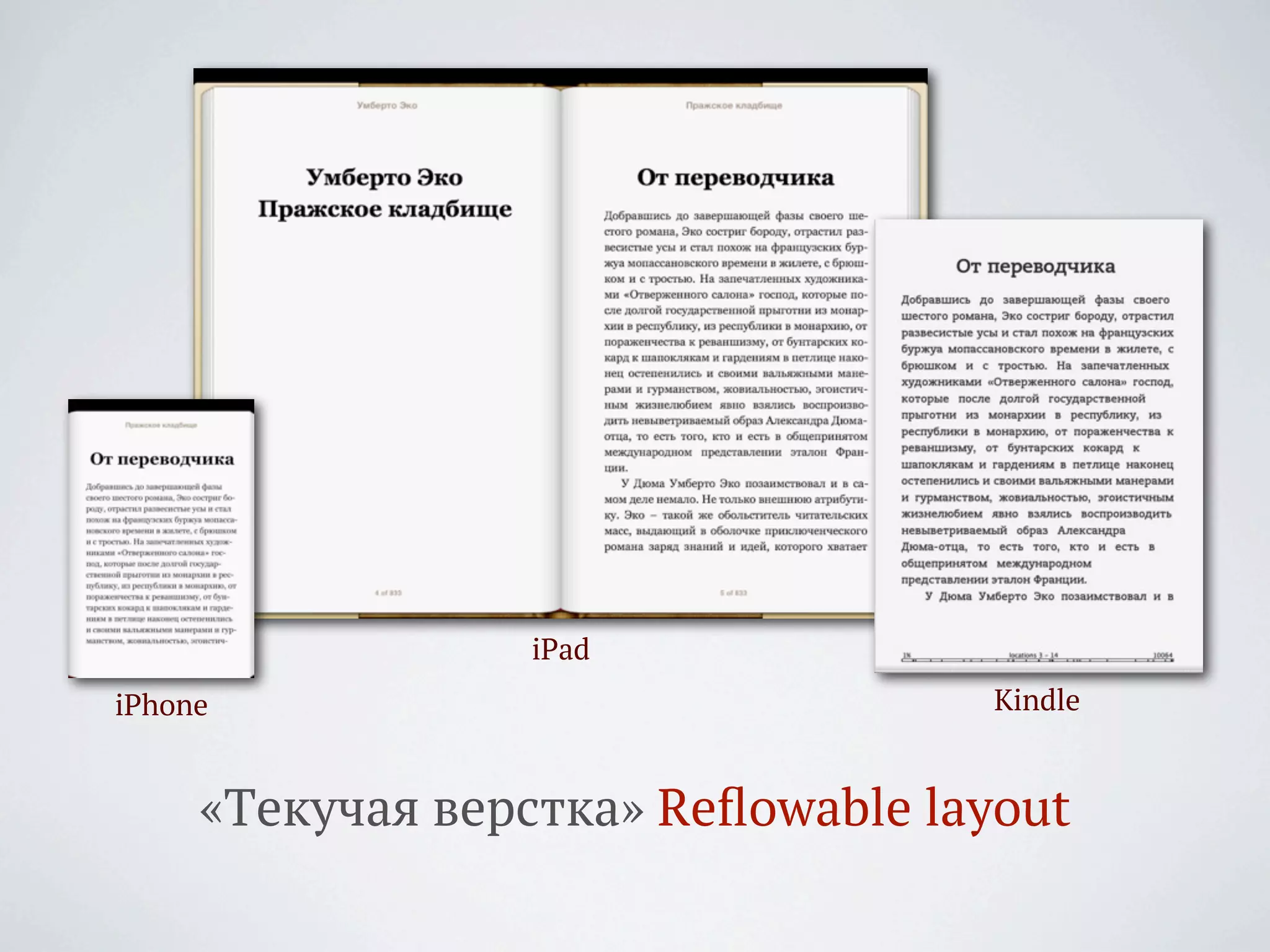 iPad
iPhone                              Kindle


     «Текучая верстка» Reﬂowable layout
 