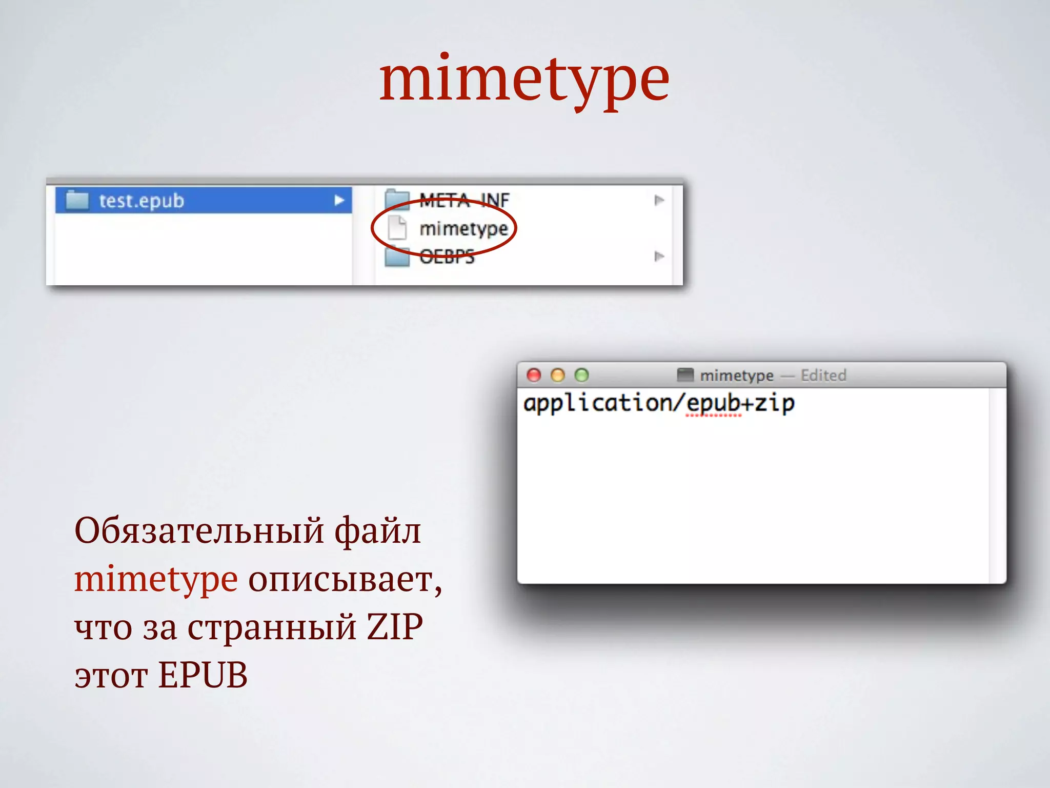 mimetype




Обязательный файл
mimetype описывает,
что за странный ZIP
этот EPUB
 