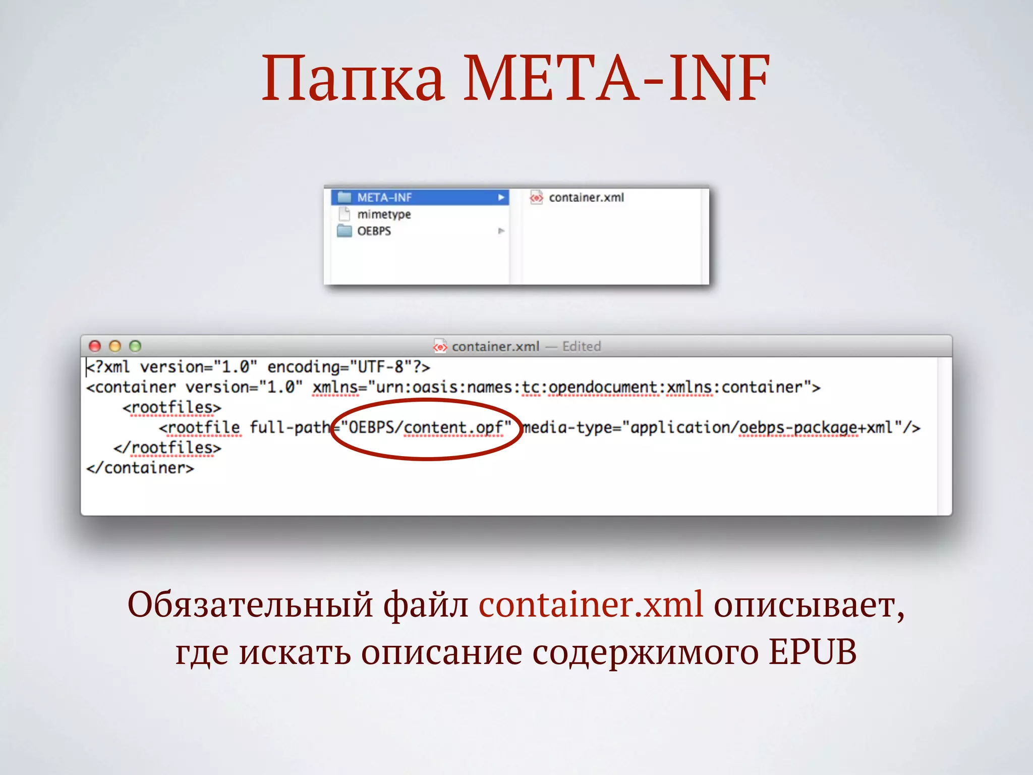 Папка META-INF




Обязательный файл container.xml описывает,
  где искать описание содержимого EPUB
 