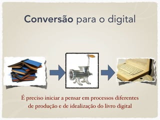 Conversão para o digital




É preciso iniciar a pensar em processos diferentes
   de produção e de idealização do livro digital
 