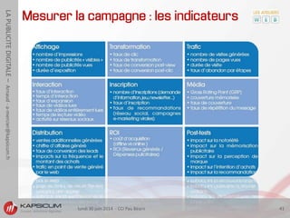 lundi 30 juin 2014 - CCI Pau Béarn 41
LAPUBLICITEDIGITALE–Arnaud-a-mercier@kapsicum.fr
Mesurer la campagne : les indicateurs
 