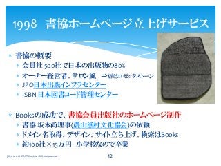  書協の概要
 会員社 500社で日本の出版物の80%
 オーナー経営者、サロン風 ⇒扉はロゼッタストーン
 JPO日本出版インフラセンター
 ISBN 日本図書コード管理センター
 Booksの成功で、書協会員出版社のホームページ制作
 書協 坂本尚理事(農山漁村文化協会)の依頼
 ドメイン名取得、デザイン、サイト立ち上げ、検索はBooks
 約100社×15万円 小学校なので卒業
1998 書協ホームページ立上げサービス
(C) 2012-16 EAST Co.,Ltd. K.Shimokawa 12
 