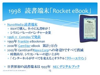  NuvoMedia 読書端末
 B&Nで購入。ネットにも書庫が！
 シリコンバレーのベンチャー企業
 1998.11 Comdexで発表
 1999年 Franklin eBookman
 2000年 GemStar eBook 累計7万台
 2003年 GemStarのNews Corpへの身売りですべて消滅
 時期尚早、シリコンバレーの思い上がり
 「インターネットがすべてを変える」(オラクル：ラリー・エリソン)
 ※世界初の読書端末は 1993年 NEC デジタルブック
1998 読書端末「Rocket eBook」
(C) 2012-16 EAST Co.,Ltd. K.Shimokawa 13
 