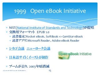  NIST(National Institute of Standards and Technology)が提唱
 交換用フォーマット EPUB 1.0
 読書端末：Rocket eBook、SoftBook => GemStar eBook
 読書アプリ：Microsoft Reader、Adobe eBook Reader
 シカゴ会議 ニューヨーク会議
 日本語サイト：イーストが制作
 ブームが去り、2003年頃消滅
1999 Open eBook Initiative
(C) 2012-16 EAST Co.,Ltd. K.Shimokawa 15
 