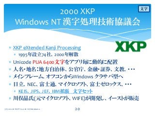  XKP eXtended Kanji Processing
 1995年設立74社、2000年解散
 Unicode PUA 6400文字をアプリ毎に動的に配置
 人名・地名：地方自治体、公官庁、金融・証券、文教、・・・
 メインフレーム、オフコンからWindows クラサバ型へ
 日立、NEC、富士通、マイクロソフト、富士ゼロックス、・・・
 KEIS、JIPS、JEF、IBM拡張 文字セット
 川俣晶氏(元マイクロソフト、WIFE)が開発し、イーストが販売
2000 XKP
Windows NT 漢字処理技術協議会
(C) 2012-16 EAST Co.,Ltd. K.Shimokawa 20
文字
 