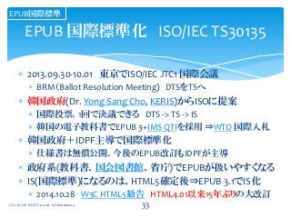  2013.09.30-10.01 東京でISO/IEC JTC1 国際会議
 BRM（Ballot Resolution Meeting) DTSをTSへ
 韓国政府(Dr. Yong-Sang Cho, KERIS)からISOに提案
 国際投票、1回で決議できる DTS -> TS -> IS
 韓国の電子教科書でEPUB 3+IMS QTIを採用 ⇒WTO 国際入札
 韓国政府＋IDPF主導で国際標準化
 仕様書は無償公開、今後のEPUB改訂もIDPFが主導
 政府系(教科書、国会図書館、省庁)でEPUBが扱いやすくなる
 IS(国際標準)になるのは、HTML5確定後⇒EPUB 3.1でIS化
 2014.10.28 W3C HTML5勧告 HTML4.01以来15年ぶりの大改訂
(C) 2012-16 EAST Co.,Ltd. K.Shimokawa
EPUB 国際標準化 ISO/IEC TS30135
EPUB国際標準
33
 