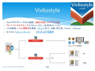  WebブラウザベースのCSS組版 更新が容易、DTPアプリ不要
 ワンソース・マルチユース：HTML5＋CSS3 (本来はXML＋XSL)
 CSSを拡張 => W3C標準化を推進 CSS WG：村上、小嶋、川久保、 Florian、 Johannes
 オライリー「CSSシークレット」 EPUB 4の先取り
Vivliostyle
(C) 2012-16 EAST Co.,Ltd. K.Shimokawa 43
 