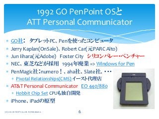  GO社： タブレットPC、Penを使ったコンピュータ
 Jerry Kaplan(OnSale)、Robert Car(元PARC Alto)
 Jun Iihara(元Adobe) Foster City シリコンバレー・ベンチャー
 NEC、東芝などが採用 1994年廃業 => Windows for Pen
 PenMagic社：numero！、aha社、Slate社、・・・
 Pivotal Relationships(CMS) イースト代理店
 AT&T Personal Communicator EO 440/880
 Hobbit Chip Set CPUも独自開発
 iPhone、iPadの原型
1992 GO PenPoint OSと
ATT Personal Communicator
(C) 2012-16 EAST Co.,Ltd. K.Shimokawa 6
 
