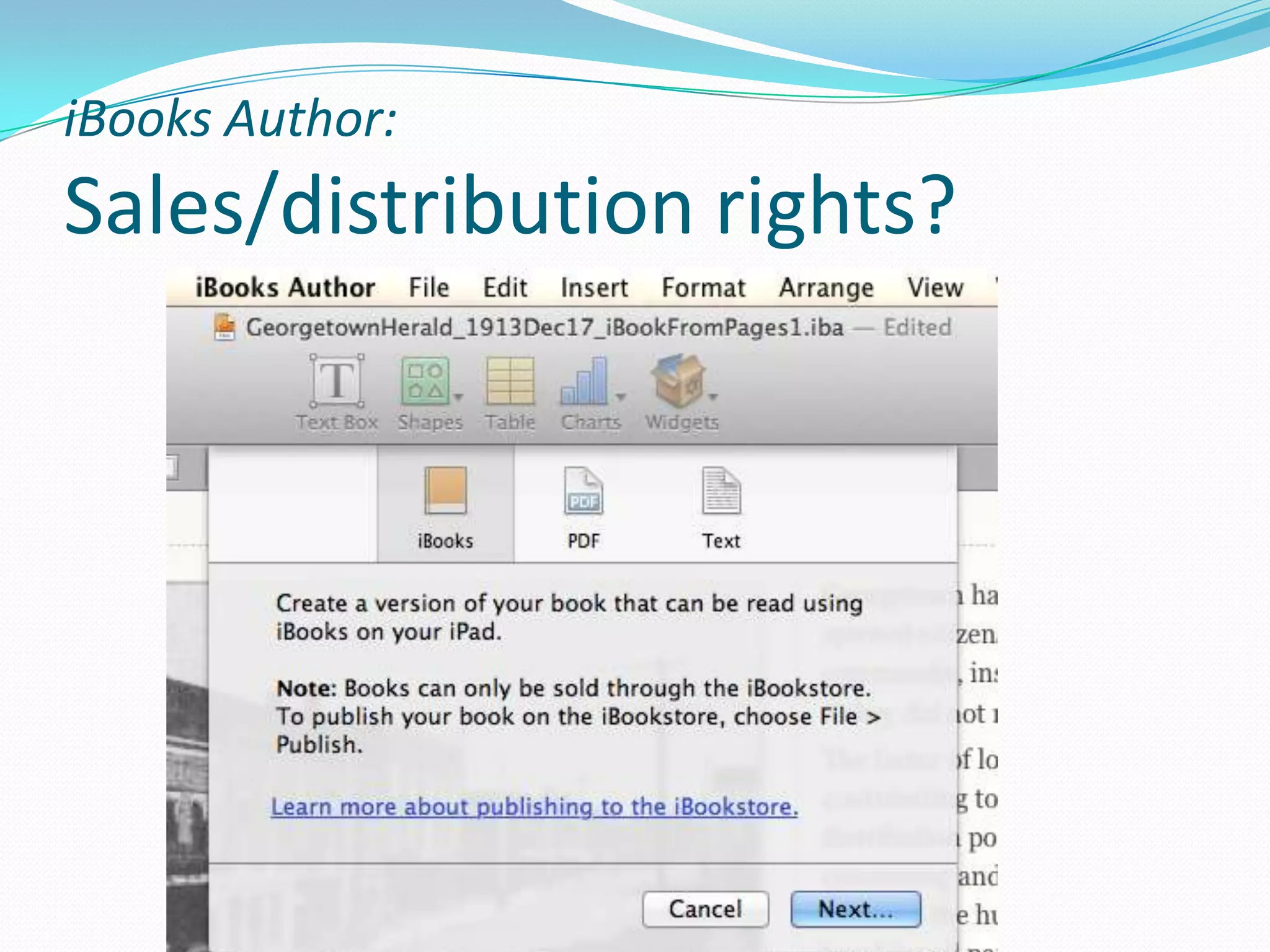 iBooks Author:

Sales/distribution rights?

 