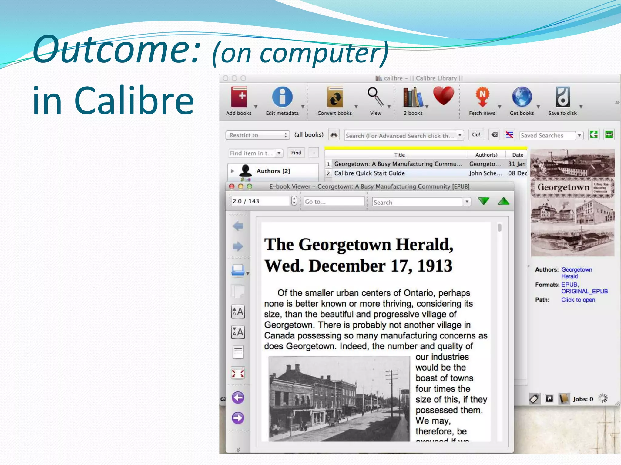 Outcome: (on computer)
in Calibre

 