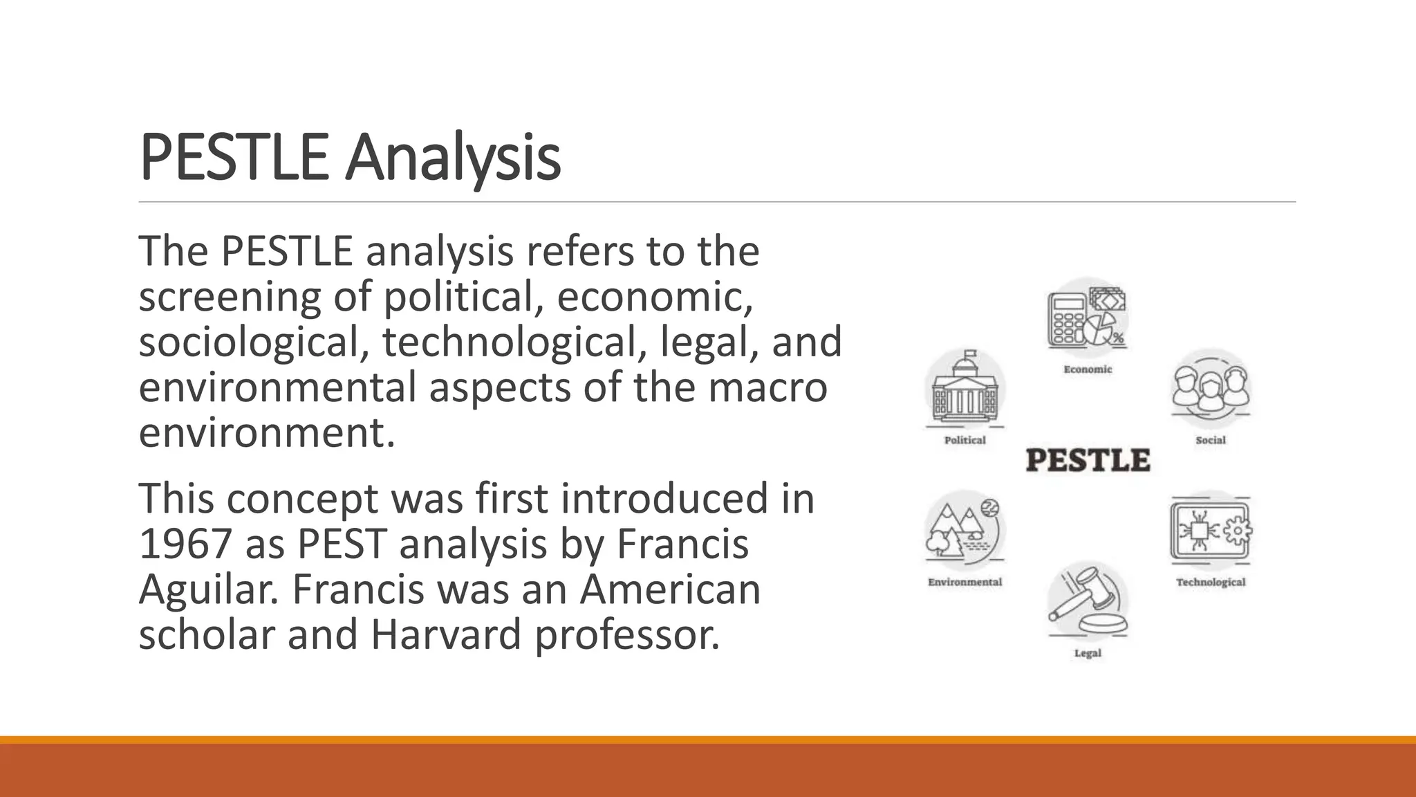 PESTLE Analysis
The PESTLE analysis refers to the
screening of political, economic,
sociological, technological, legal, and
environmental aspects of the macro
environment.
This concept was first introduced in
1967 as PEST analysis by Francis
Aguilar. Francis was an American
scholar and Harvard professor.
 