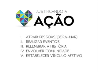 AÇÃO
JUSTIFICANDO A
I. ATRAIR PESSOAS (BEIRA-MAR)

II. REALIZAR EVENTOS

III. RELEMBRAR A HISTÓRIA

IV. ENVOLVER COMUNIDADE

V. ESTABELECER VÍNCULO AFETIVO
 