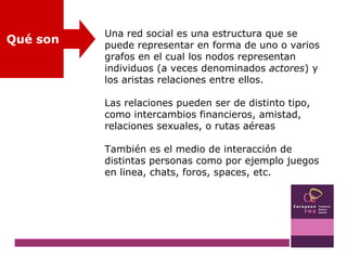 Una red social es una estructura que se puede representar en forma de uno o varios grafos en el cual los nodos representan individuos (a veces denominados  actores ) y los aristas relaciones entre ellos.  Las relaciones pueden ser de distinto tipo, como intercambios financieros, amistad, relaciones sexuales, o rutas aéreas  También es el medio de interacción de distintas personas como por ejemplo juegos en linea, chats, foros, spaces, etc.  Qué son 