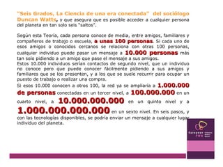 “ Seis Grados, La Ciencia de una era conectada”  del sociólogo Duncan Watts ,  y que asegura que es posible acceder a cualquier persona del planeta en tan solo seis “saltos”. Según esta Teoría, cada persona conoce de media, entre amigos, familiares y compañeros de trabajo o escuela,  a unas 100 personas . Si cada uno de esos amigos o conocidos cercanos se relaciona con otras 100 personas, cualquier individuo puede pasar un mensaje a  10.000 personas  más tan solo pidiendo a un amigo que pase el mensaje a sus amigos. Estos 10.000 individuos serían contactos de segundo nivel, que un individuo no conoce pero que puede conocer fácilmente pidiendo a sus amigos y familiares que se los presenten, y a los que se suele recurrir para ocupar un puesto de trabajo o realizar una compra.  Si esos 10.000 conocen a otros 100, la red ya se ampliaría a  1.000.000 de personas  conectadas en un tercer nivel, a  100.000.000  en un cuarto nivel, a  10.000.000.000  en un quinto nivel y a  1.000.000.000.000  en un sexto nivel. En seis pasos, y con las tecnologías disponibles, se podría enviar un mensaje a cualquier lugar individuo del planeta. 