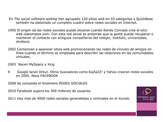 En  The social software weblog  han agrupado 120 sitios web en 10 categorías y QuickBase también ha elaborado un completo cuadro sobre redes sociales en Internet. 1995 El origen de las redes sociales puede situarse cuando Randy Conrads crea el sitio web classmates.com. Con esta red social se pretende que la gente pueda recuperar o mantener el contacto con antiguos compañeros del colegio, instituto, universidad, etcétera. 2002 Comienzan a aparecer sitios web promocionando las redes de  círculos de amigos  en línea cuando el término se empleaba para describir las relaciones en las comunidades virtuales. 2003  Nacen MySpace y Xing  Google lanzó Orkut. Otros buscadores como KaZaZZ! y Yahoo crearon redes sociales en 2005. Nace FACEBOOK 2008 Se consolida el fenómeno REDES SOCIALES 2010 Facebook supera los 500 millones de usuarios 2011 Hay más de 4000 redes sociales generalistas y verticales en el mundo 