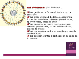 Red Profesional , para qué sirve… Para gestionar de forma eficiente la red de contactos Para crear identidad digital con experiencia, formacion, fortalezas, intereses profesionales, oportunidades, casos de éxito Para encontrar personas clave, empresas, clientes, proveedores, socios, colaboradores, grupos de interes Para comunicarse de forma inmediata y sencilla con contactos Para publicar eventos o participar en aquellos de tu interes 