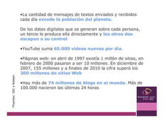 La cantidad de mensajes de textos enviados y recibidos cada día  excede la población del planeta.  De los datos digitales que se generan sobre cada persona, un tercio lo produce ella directamente y  los otros dos escapan a su control YouTube suma  65.000 videos nuevos por día . Páginas web: en abril de 1997 existía 1 millón de sitios, en febrero de 2000 pasaron a ser 10 millones. En diciembre de 2007, 155 millones y a finales de 2010 la cifra superó los  300 millones de sitios Web Hay más de  74 millones de blogs en el mundo . Más de 100.000 nacieron las últimas 24 horas *Fuentes: IDC y Nielsen 