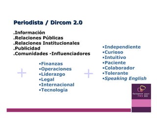 Independiente Curioso Intuitivo Paciente Colaborador Tolerante Speaking English .Información .Relaciones Públicas .Relaciones Institucionales .Publicidad .Comunidades -Influenciadores + Finanzas Operaciones Liderazgo Legal Internacional Tecnología + Periodista / Dircom 2.0 