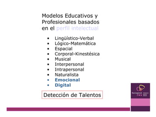 Lingüístico-Verbal Lógico-Matemática Espacial Corporal-Kinestésica Musical Interpersonal Intrapersonal Naturalista Emocional Digital Modelos Educativos y Profesionales basados en el  perfil intelectual Detección de Talentos 