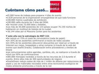 Cuéntame cómo pasó... 45.000 horas de trabajo para preparar 4 días de evento  3.639 personas de la organización encargándose de que todo funcione  100.000 metros cuadrados de exhibición.  190.000 cafés durante los 5 días del OOW.  Se reciclan unas 75.000 latas y botellas.  Los más de 40.000 asistentes de 133 países ocupan 76.150 noches de habitación en multitud de hoteles de la ciudad.  66.144 sillas por el Moscone Center para los asistentes Y este año con la estrategia de MKT 2.0: Se redujo un 75% el coste de convocatoria (nada de papel) Un 35% de los asistentes confirmaron a través de redes sociales Un 45% de los asistentes obtuvieron descuentos por reservar a través de Internet sus viajes, hospedajes y otras compras (a través de la web del evento que diseñó Oracle). Colaboración entre proveedores y clientes de Oracle Las comunicaciones sobre agendas, cambios, etc, se realizaron a través de móvil con 95% de confirmaciones 380.000 mensajes recibidos a través de los recursos de 2.0 durante el evento. Entre ellos más de 300 oportunidades de negocio OracleGreen redujo costes de más de 1 millón de dólares por reducciones de papel y uso de materiales reciclados entre otros tecnicismos ecológicos de medio ambiente promovidos a través de la red 