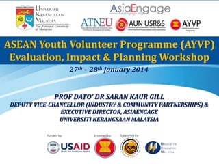 ASEAN Youth Volunteer Programme (AYVP)
Evaluation, Impact & Planning Workshop
27th – 28th January 2014

PROF DATO’ DR SARAN KAUR GILL
DEPUTY VICE-CHANCELLOR (INDUSTRY & COMMUNITY PARTNERSHIPS) &
EXECUTIVE DIRECTOR, ASIAENGAGE
UNIVERSITI KEBANGSAAN MALAYSIA

 