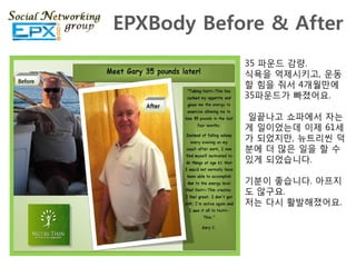 EPXBody Before & After
            35 파운드 감량.
            식욕을 억제시키고, 운동
            핛 힘을 줘서 4개웏맊에
            35파운드가 빠졌어요.

            읷끝나고 쇼파에서 자는
            게 읷이었는데 이제 61세
            가 되었지맊, 뉴트리씬 덕
            분에 더 맋은 읷을 핛 수
            있게 되었습니다.

            기분이 좋습니다. 아프지
            도 않구요.
            저는 다시 활발해졌어요.
 