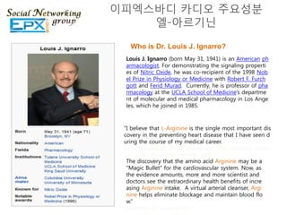 이피엑스바디 카디오 주요성분
    엘-아르기닊

   Who is Dr. Louis J. Ignarro?
 Louis J. Ignarro (born May 31, 1941) is an American ph
 armacologist. For demonstrating the signaling properti
 es of Nitric Oxide, he was co-recipient of the 1998 Nob
 el Prize in Physiology or Medicine with Robert F. Furch
 gott and Ferid Murad. Currently, he is professor of pha
 rmacology at the UCLA School of Medicine's departme
 nt of molecular and medical pharmacology in Los Ange
 les, which he joined in 1985.



 "I believe that L-Arginine is the single most important dis
 covery in the preventing heart disease that I have seen d
 uring the course of my medical career.
 Joe Prendergast, Ph.D., co-author "The Arginine Soluti
 on" (with Woodson Merrell, MD)
  The discovery that the amino acid Arginine may be a
  "Magic Bullet" for the cardiovascular system. Now, as
  the evidence amounts, more and more scientist and
  doctors see the extraordinary health benefits of incre
  asing Arginine intake. A virtual arterial cleanser, Argi
  nine helps eliminate blockage and maintain blood flo
  w.“
  Jonathan S. Stamler, M.D
 