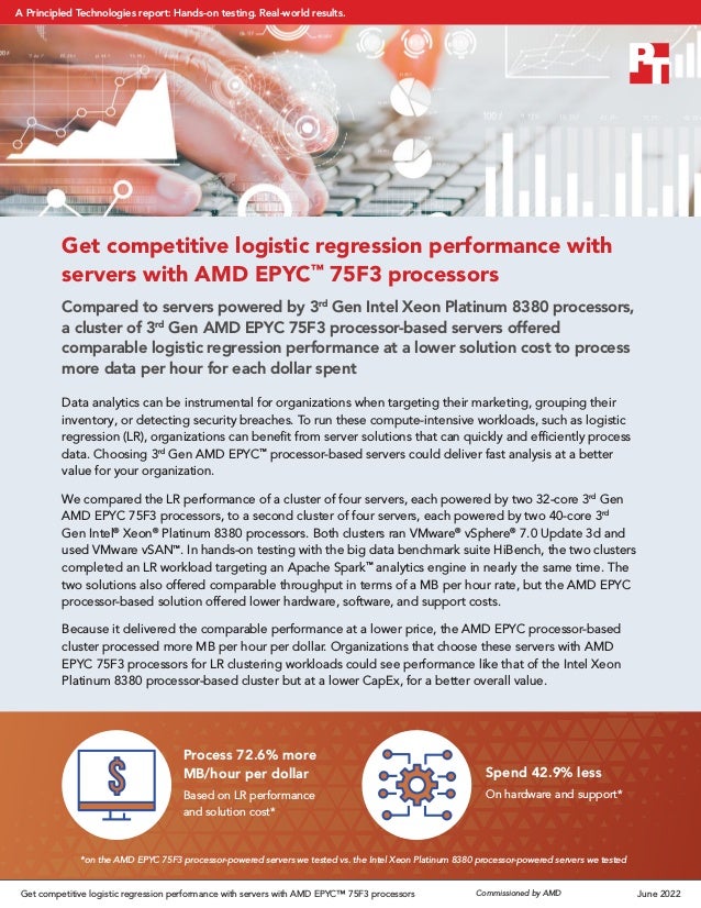 Get competitive logistic regression performance with
servers with AMD EPYC™
75F3 processors
Compared to servers powered by 3rd
Gen Intel Xeon Platinum 8380 processors,
a cluster of 3rd
Gen AMD EPYC 75F3 processor-based servers offered
comparable logistic regression performance at a lower solution cost to process
more data per hour for each dollar spent
Data analytics can be instrumental for organizations when targeting their marketing, grouping their
inventory, or detecting security breaches. To run these compute-intensive workloads, such as logistic
regression (LR), organizations can benefit from server solutions that can quickly and efficiently process
data. Choosing 3rd
Gen AMD EPYC™
processor-based servers could deliver fast analysis at a better
value for your organization.
We compared the LR performance of a cluster of four servers, each powered by two 32-core 3rd
Gen
AMD EPYC 75F3 processors, to a second cluster of four servers, each powered by two 40-core 3rd
Gen Intel®
Xeon®
Platinum 8380 processors. Both clusters ran VMware®
vSphere®
7.0 Update 3d and
used VMware vSAN™
. In hands-on testing with the big data benchmark suite HiBench, the two clusters
completed an LR workload targeting an Apache Spark™
analytics engine in nearly the same time. The
two solutions also offered comparable throughput in terms of a MB per hour rate, but the AMD EPYC
processor-based solution offered lower hardware, software, and support costs.
Because it delivered the comparable performance at a lower price, the AMD EPYC processor-based
cluster processed more MB per hour per dollar. Organizations that choose these servers with AMD
EPYC 75F3 processors for LR clustering workloads could see performance like that of the Intel Xeon
Platinum 8380 processor-based cluster but at a lower CapEx, for a better overall value.
Spend 42.9% less
On hardware and support*
Process 72.6% more
MB/hour per dollar
Based on LR performance
and solution cost*
$
*on the AMD EPYC 75F3 processor-powered servers we tested vs. the Intel Xeon Platinum 8380 processor-powered servers we tested
Get competitive logistic regression performance with servers with AMD EPYC™ 75F3 processors June 2022
Commissioned by AMD
A Principled Technologies report: Hands-on testing. Real-world results.
 