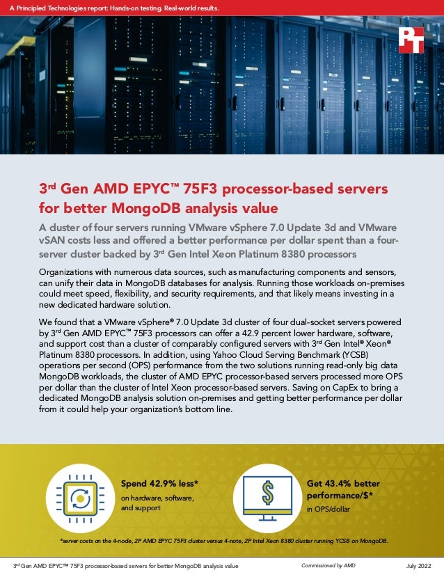 Commissioned by AMD
3rd
Gen AMD EPYC™
75F3 processor-based servers
for better MongoDB analysis value
A cluster of four servers running VMware vSphere 7.0 Update 3d and VMware
vSAN costs less and offered a better performance per dollar spent than a four-
server cluster backed by 3rd
Gen Intel Xeon Platinum 8380 processors
Organizations with numerous data sources, such as manufacturing components and sensors,
can unify their data in MongoDB databases for analysis. Running those workloads on-premises
could meet speed, flexibility, and security requirements, and that likely means investing in a
new dedicated hardware solution.
We found that a VMware vSphere®
7.0 Update 3d cluster of four dual-socket servers powered
by 3rd
Gen AMD EPYC™
75F3 processors can offer a 42.9 percent lower hardware, software,
and support cost than a cluster of comparably configured servers with 3rd
Gen Intel®
Xeon®
Platinum 8380 processors. In addition, using Yahoo Cloud Serving Benchmark (YCSB)
operations per second (OPS) performance from the two solutions running read-only big data
MongoDB workloads, the cluster of AMD EPYC processor-based servers processed more OPS
per dollar than the cluster of Intel Xeon processor-based servers. Saving on CapEx to bring a
dedicated MongoDB analysis solution on-premises and getting better performance per dollar
from it could help your organization’s bottom line.
Get 43.4% better
performance/$*
in OPS/dollar
Spend 42.9% less*
on hardware, software,
and support
$
*server costs on the 4-node, 2P AMD EPYC 75F3 cluster versus 4-note, 2P Intel Xeon 8380 cluster running YCSB on MongoDB.
3rd
Gen AMD EPYC™ 75F3 processor-based servers for better MongoDB analysis value July 2022
A Principled Technologies report: Hands-on testing. Real-world results.
 